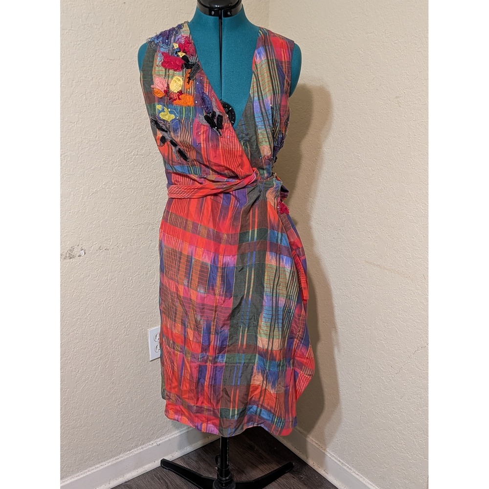Ralph Lauren Collection Silk Embellished Plaid Wrap Cocktail Dress Made in Italy